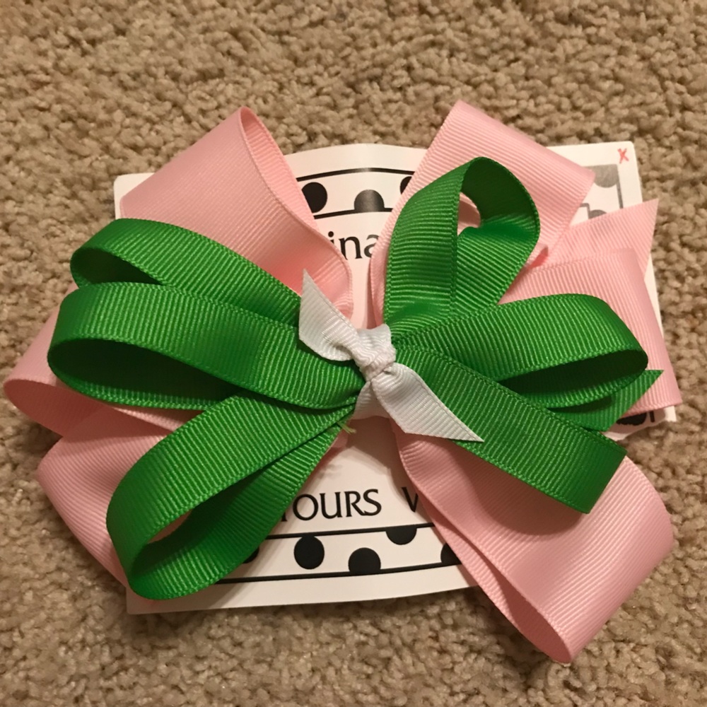 I’m Yours Hair Bow Light Pink With Emerald Green And White Accent Ribbon